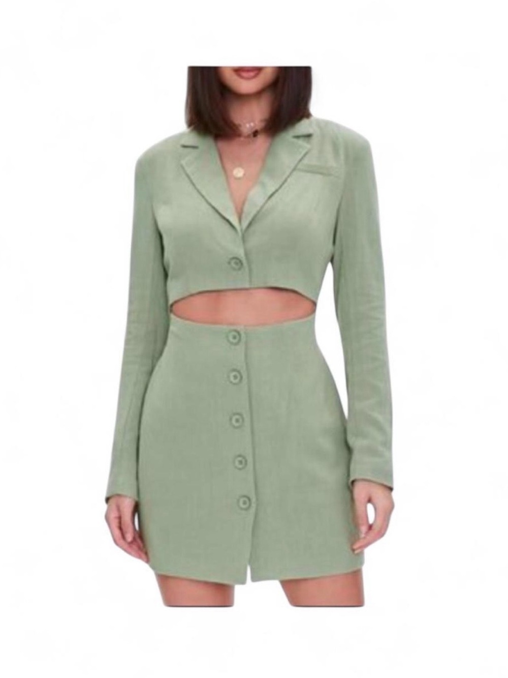 Forever 21 Blazer Dress Sz M Sage Green Cutout Button Front Mini Linen Blend